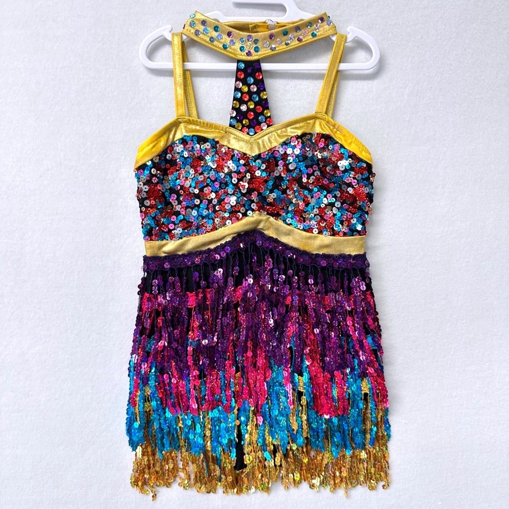 Glamour Costumes Dance Leotard Kids LC Colorful Sequin Fringe Halter T-Strap VTG - Picture 2 of 10